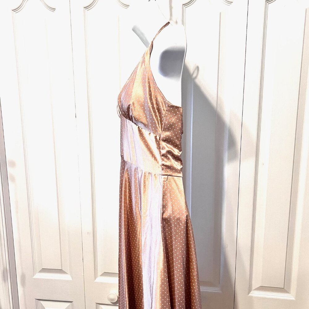 Alyn Paige-Women's Size 5/6 Jrs.-Halter Polka Dot Flowy Satin Feel Dress-Tan/Wh - Picture 7 of 15